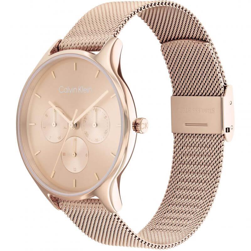 Multifunction Rose Gold Plated Day and Date Steel Mesh Bracelet Strap Watch