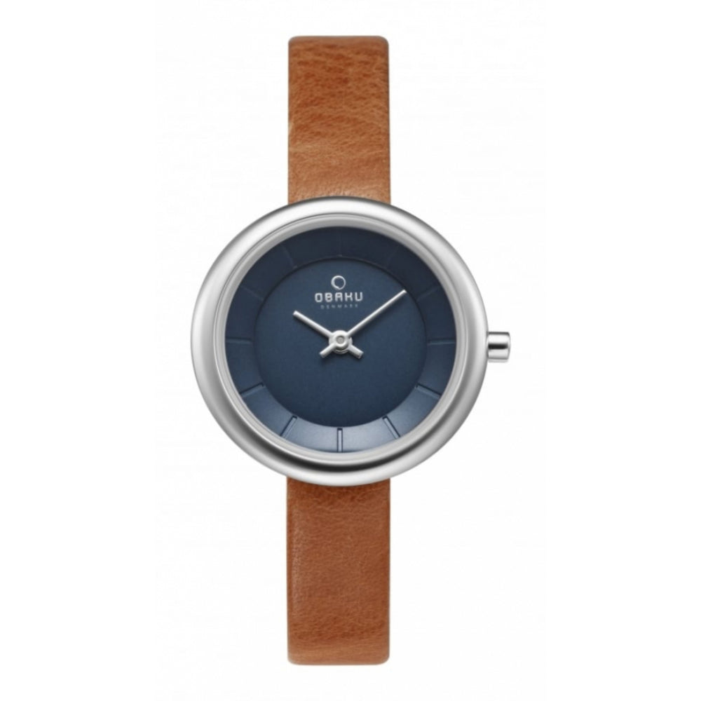 Stainless Steel Blue Dial With Brown Leather Strap Ladies Watch