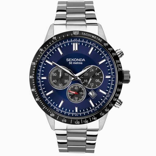 Silver Case With Blue Dial & Stainless Steel Bracelet Men's Chronograph Watch