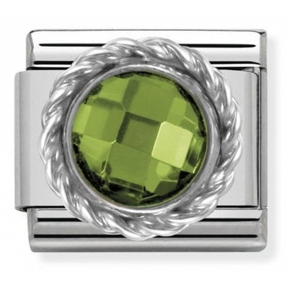 Classic Green CZ Round Faceted Stone In Stainless Steel & Twisted 925 Silver Detail Charm