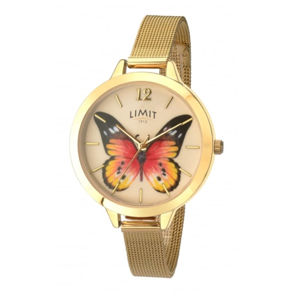 Gold Tone Stainless Steel Butterfly Print Matt Gold Dial & Mesh Strap Ladies Watch
