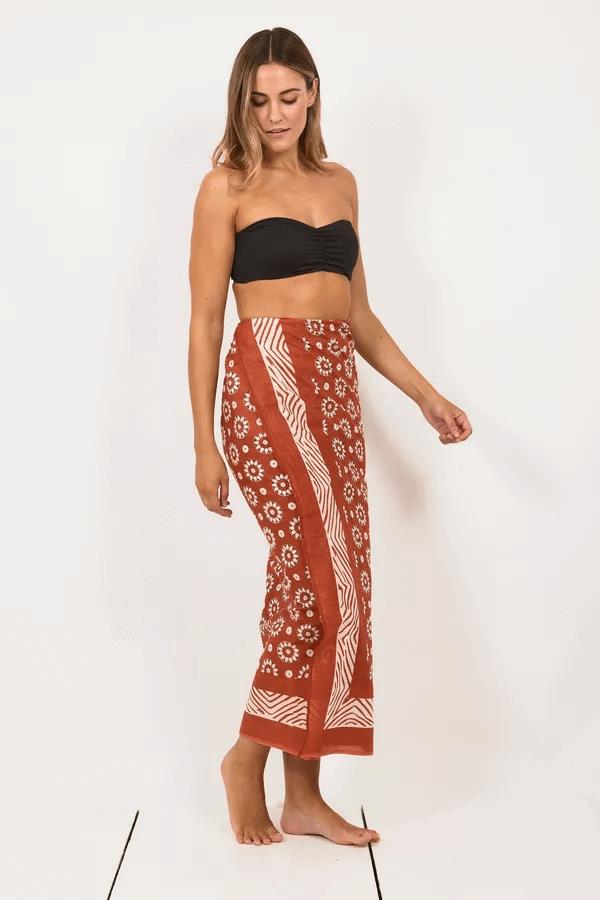 Hand Printed Cotton Sarong Coggs Rust