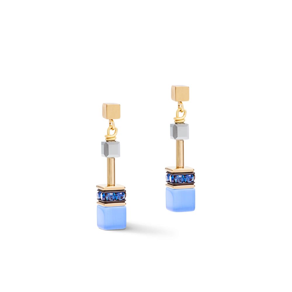Blue-Gold Geo Cube  Earrings With Stickpin