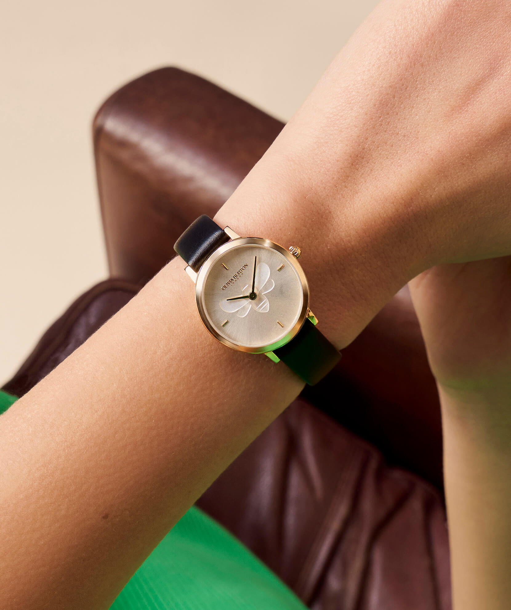 Signature Bee Ultra Slim Gold & Black Leather Strap Watch