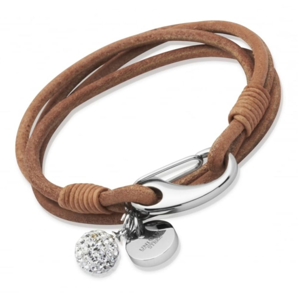 Natural Leather Bracelet Steel Shrimp Clasp White Crystal Ball