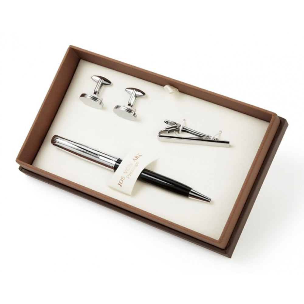 Men's Gift Set With Ball Point Pen, Silver Tone Oval Square Cufflink & Tie Bar