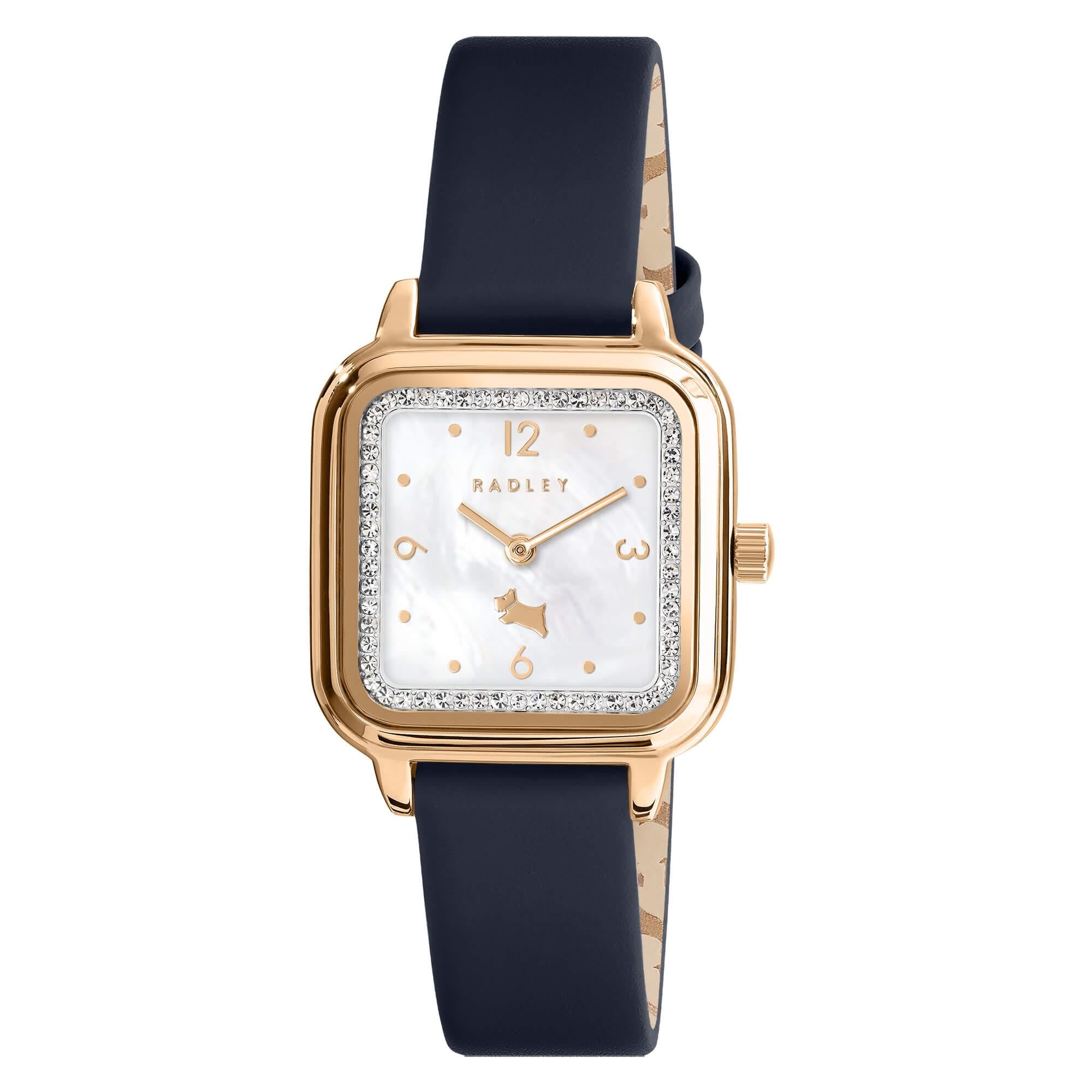 Square Rose Gold Plated Ink Blue Leather Strap Watch