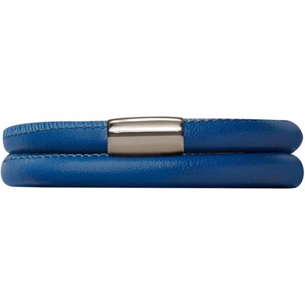Navy Blue Leather Double Band Stainless Steel Bracelet