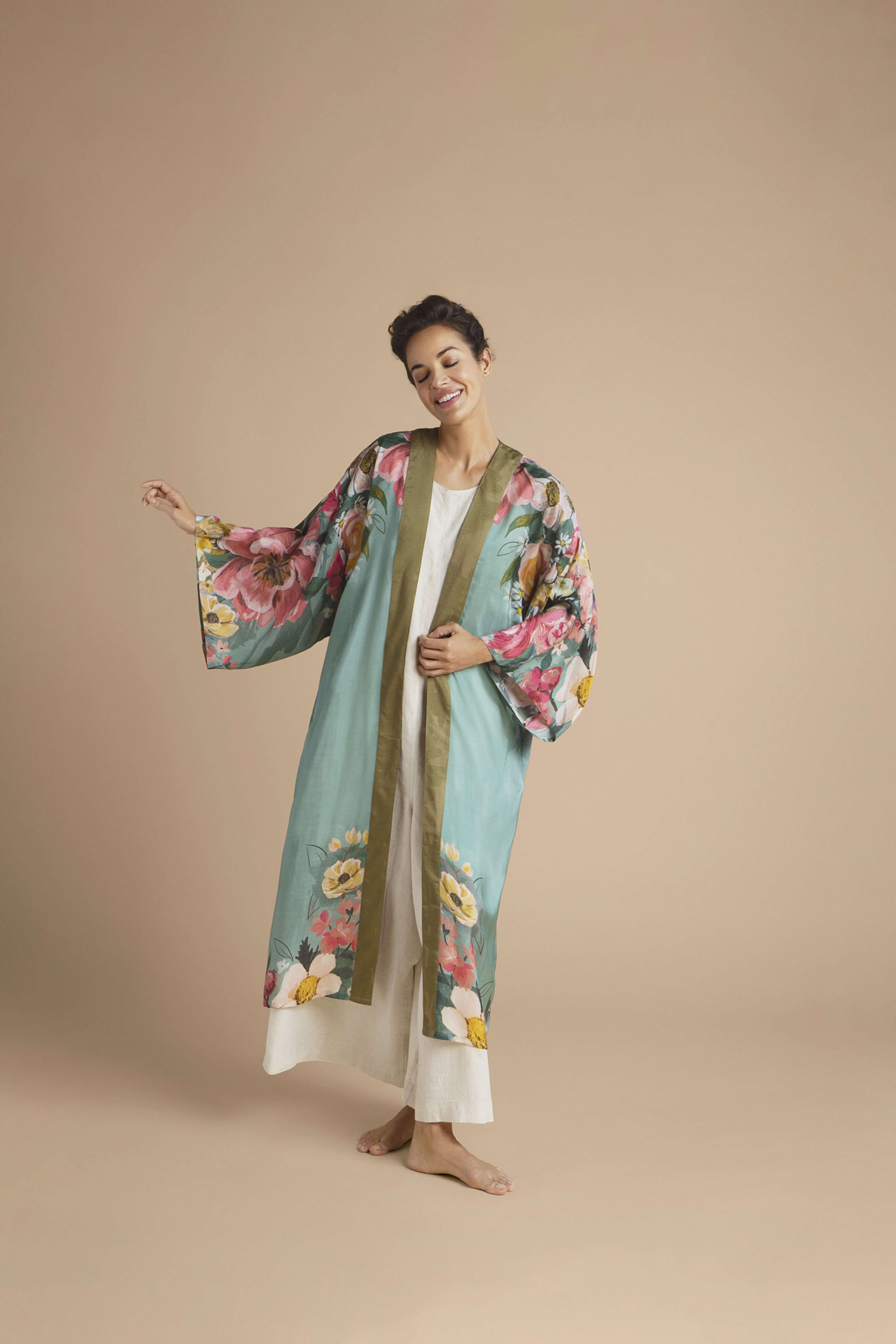 Impressionist Floral Kimono Gown - Teal