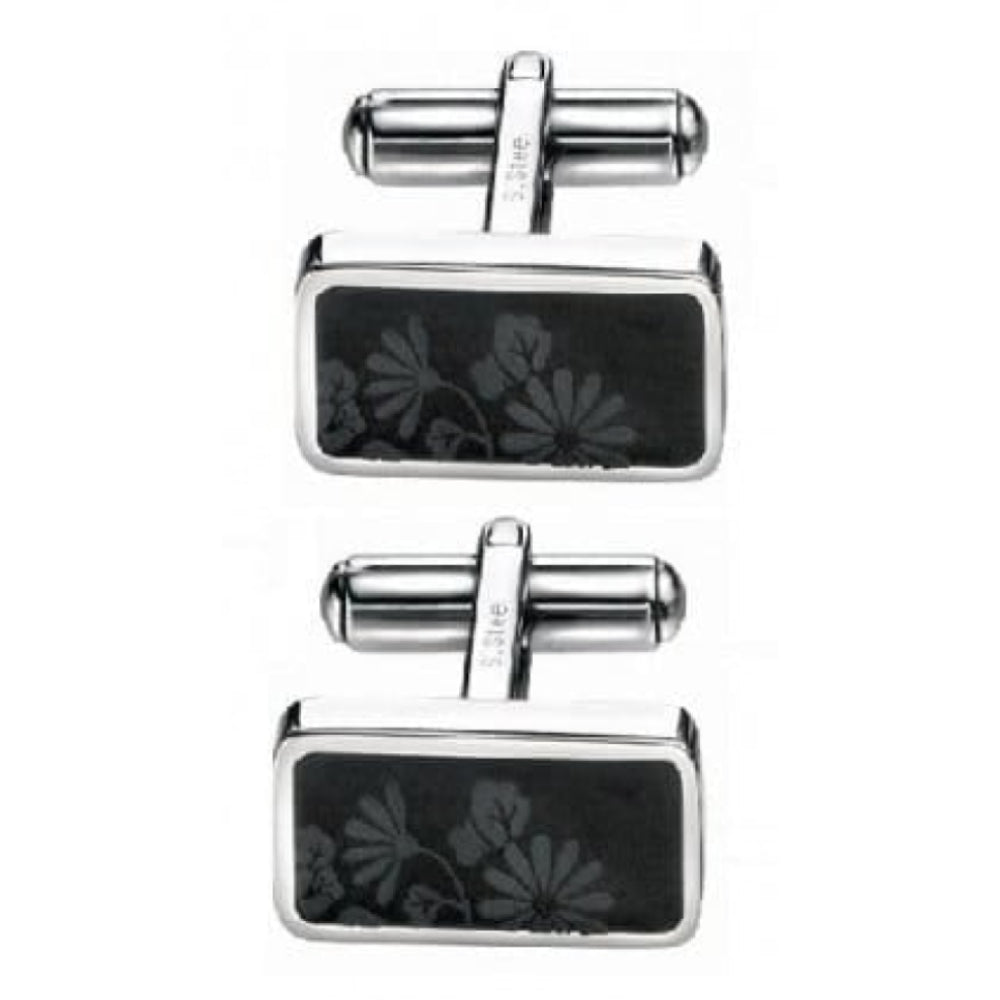 Stainless Steel Cufflinks With Black Flower Design
