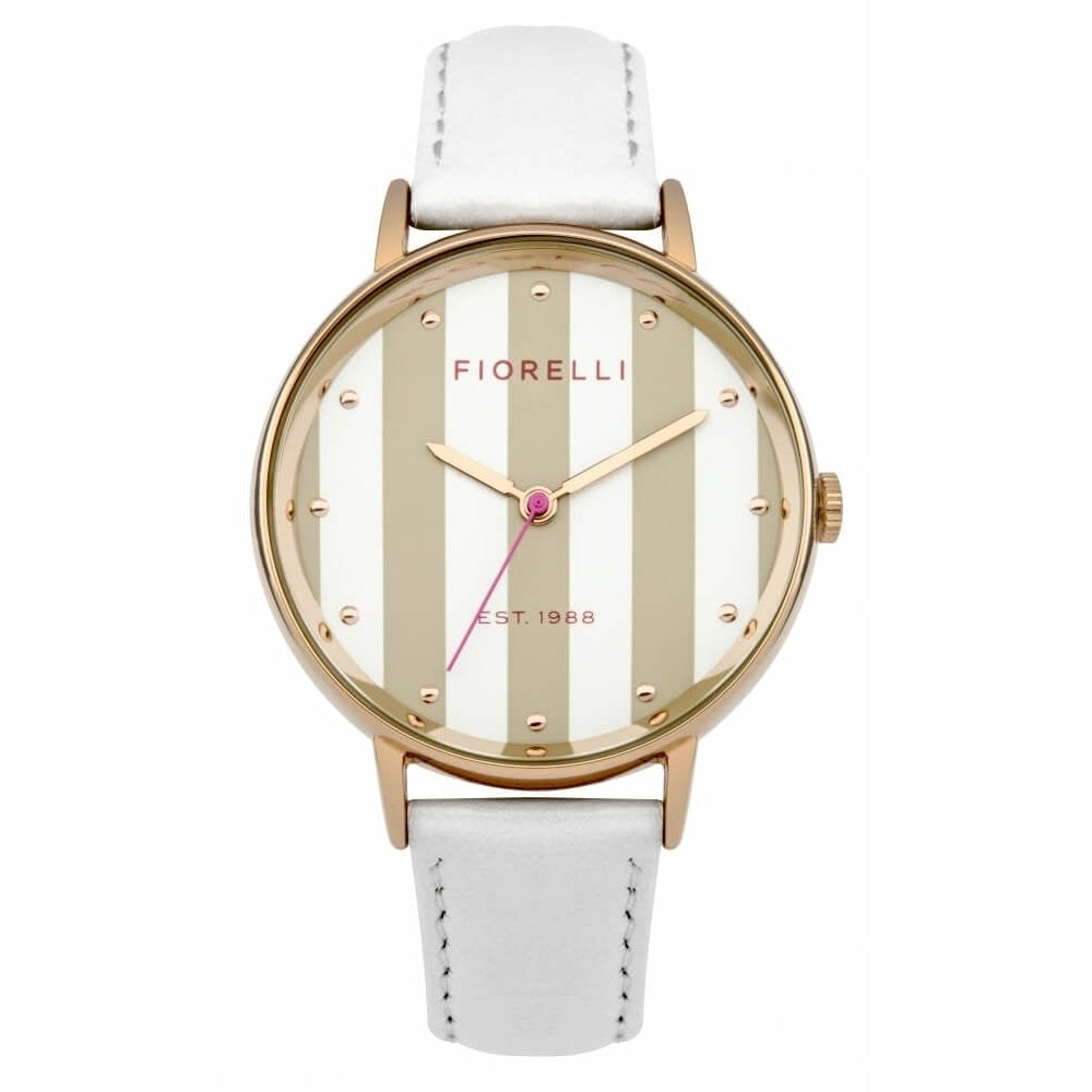 Ladies White Strap Watch With Rose Gold Tone Stripes On White Dial