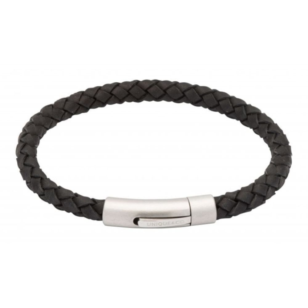 Black Leather Bracelet With Matte And Polished Steel Clasp