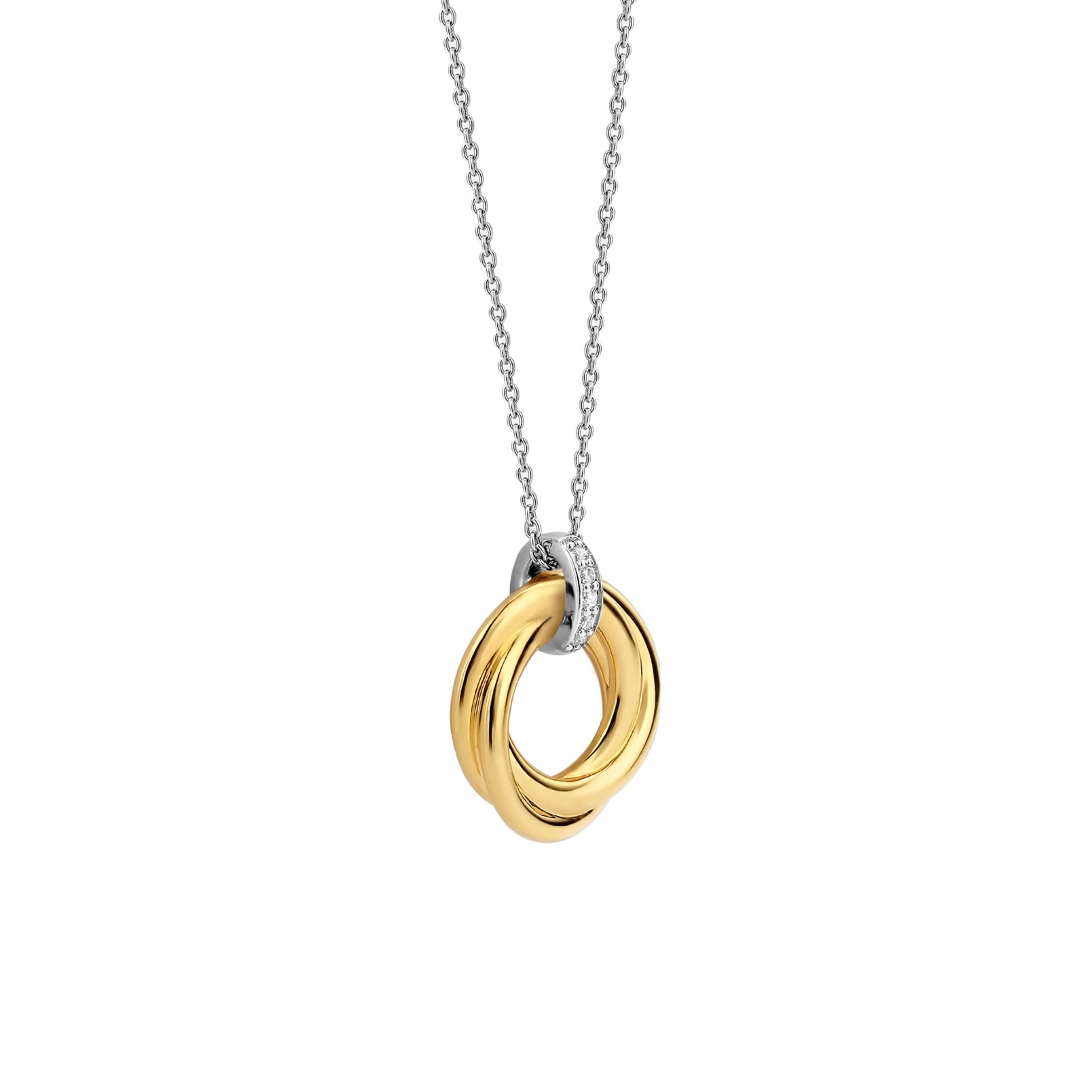 Gold Plated Twisted Lines Circle With CZ Pendant & Silver Chain Necklace