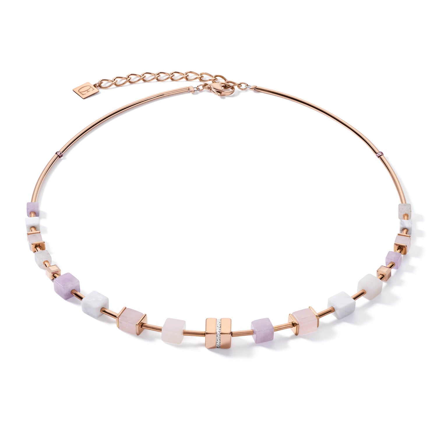 Rose-Beige Big Geo Cubes With Crystals Rose Gold Plated Necklace