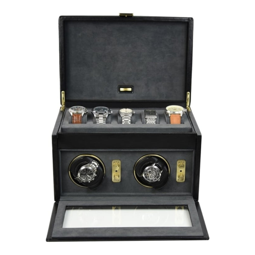 Black Leather Double Watch Rotator And Storage Box