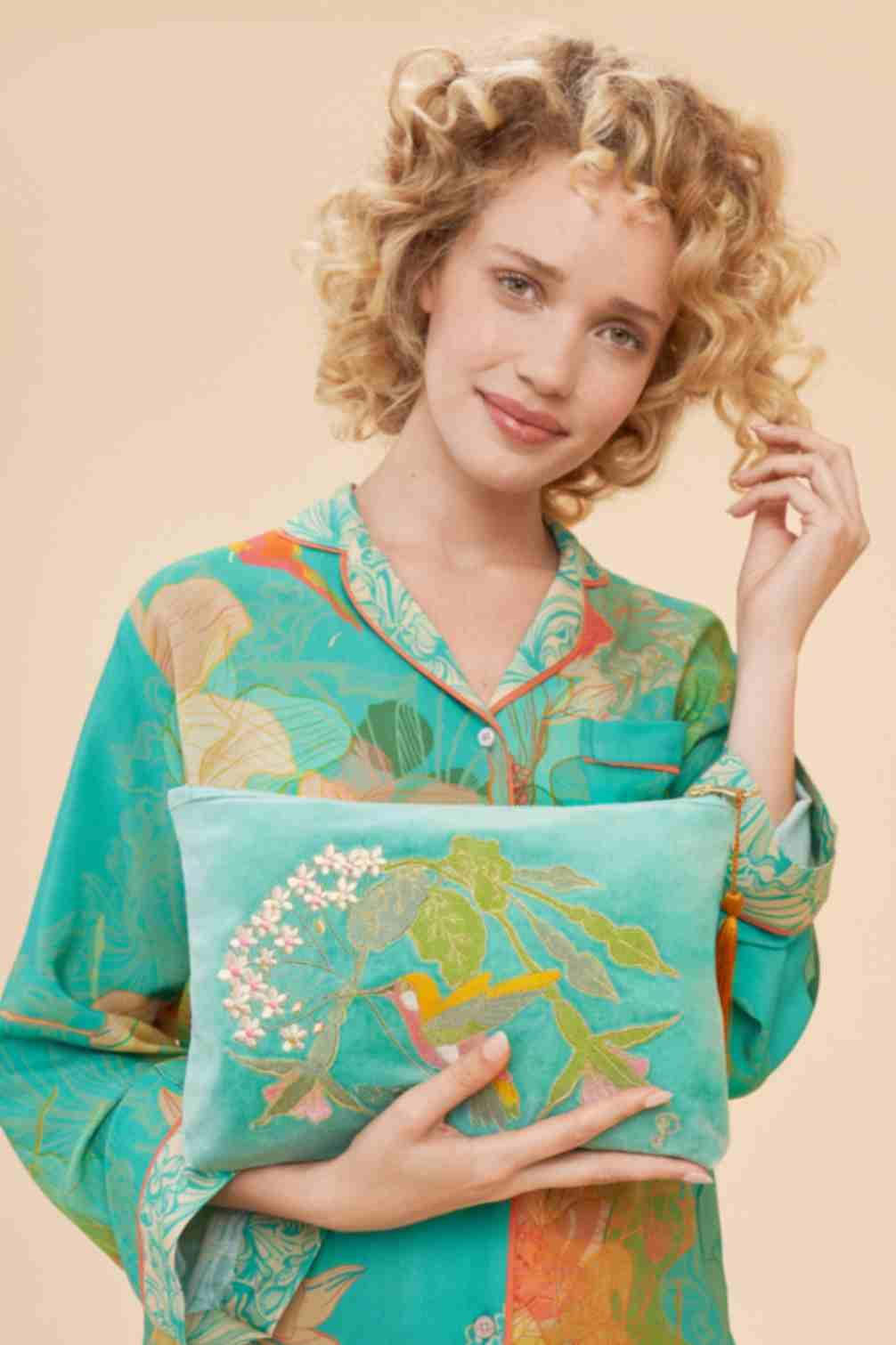 Velvet Zip Pouch - Hummingbird - Aqua