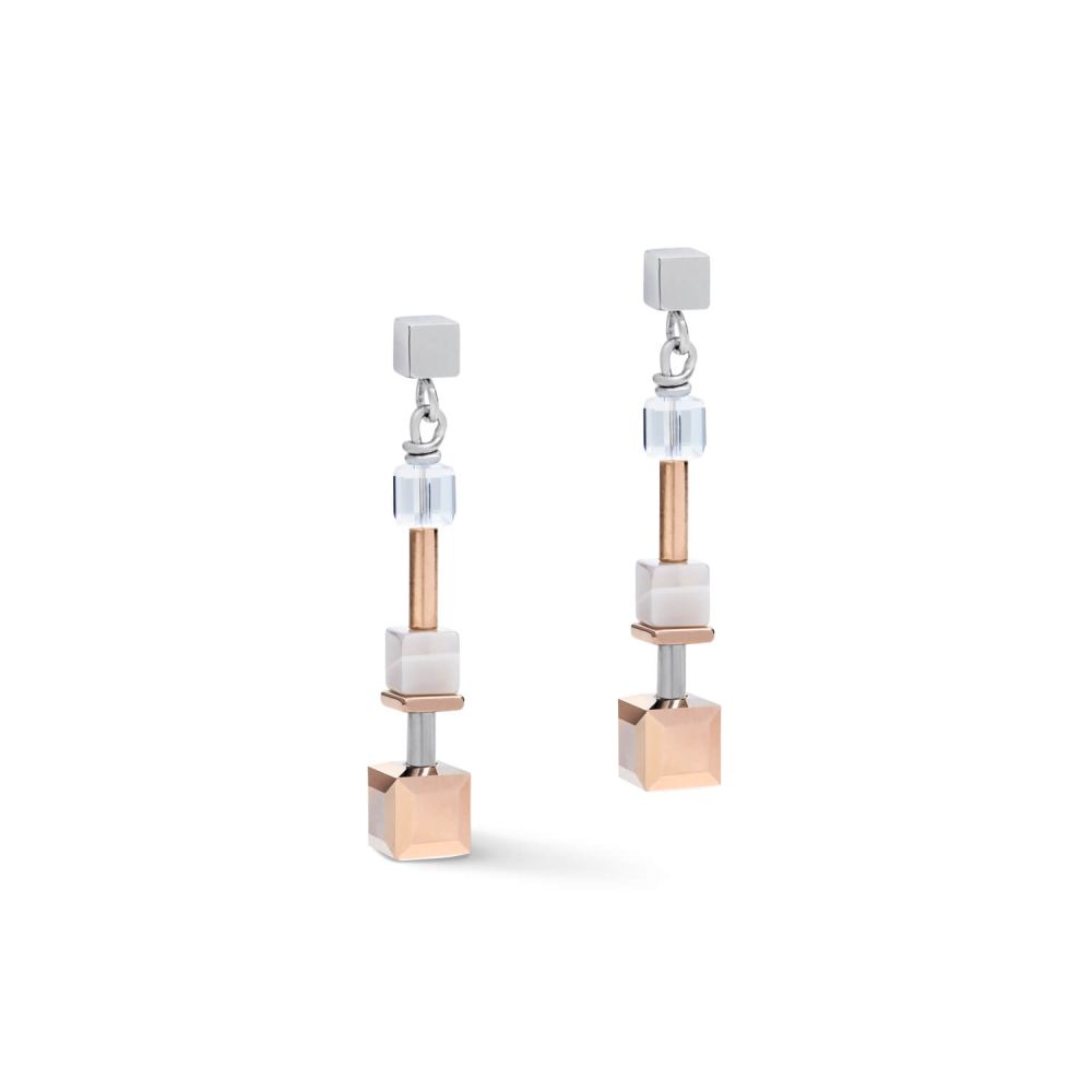 Rose Gold-Silver Big Geo Cubes With Botswana Agate Steel Earrings With Stickpin