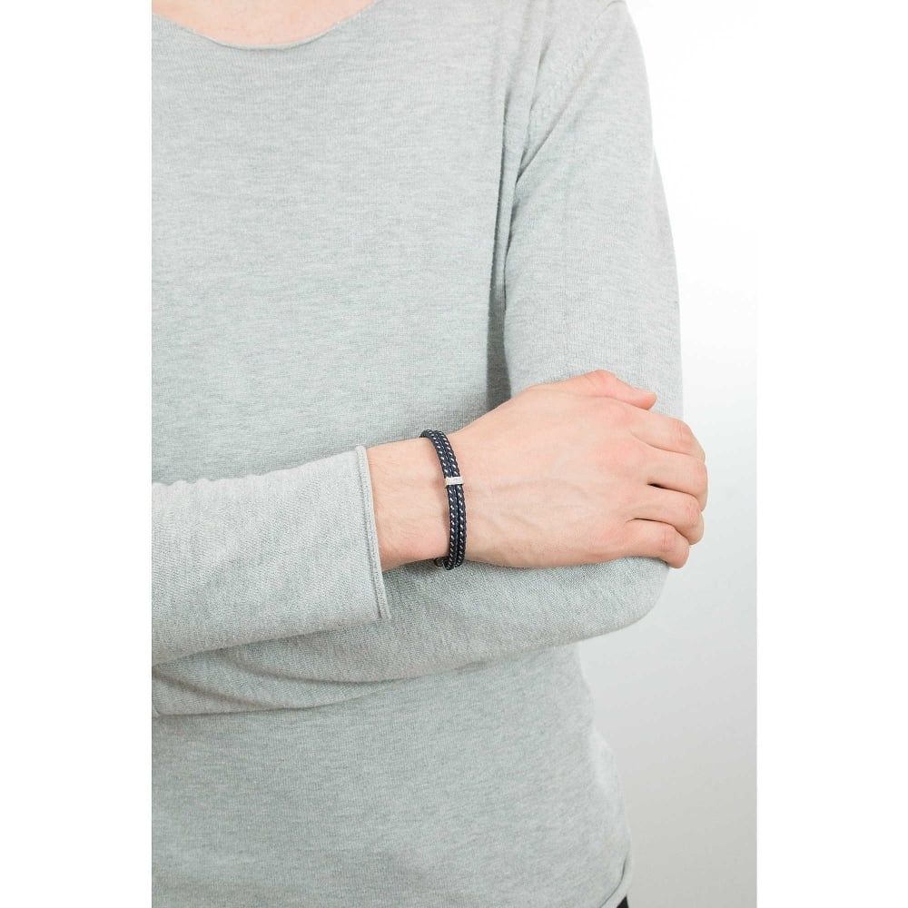 Tribe Stainless Steel, Fabric & CZ Blue Double Bracelet