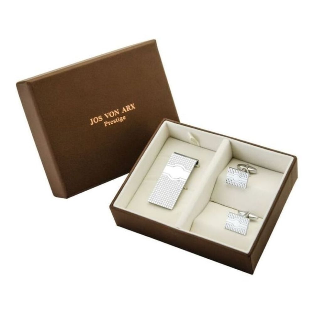 Men's Gift Set With Brass Rectangular Cufflinks & Stainless Steel Money Clip With Line Pattern