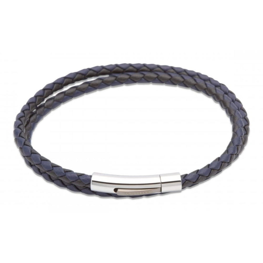 Black/Blue Leather Bracelet-Steel Clasp-I.P. Gun Metal Plating