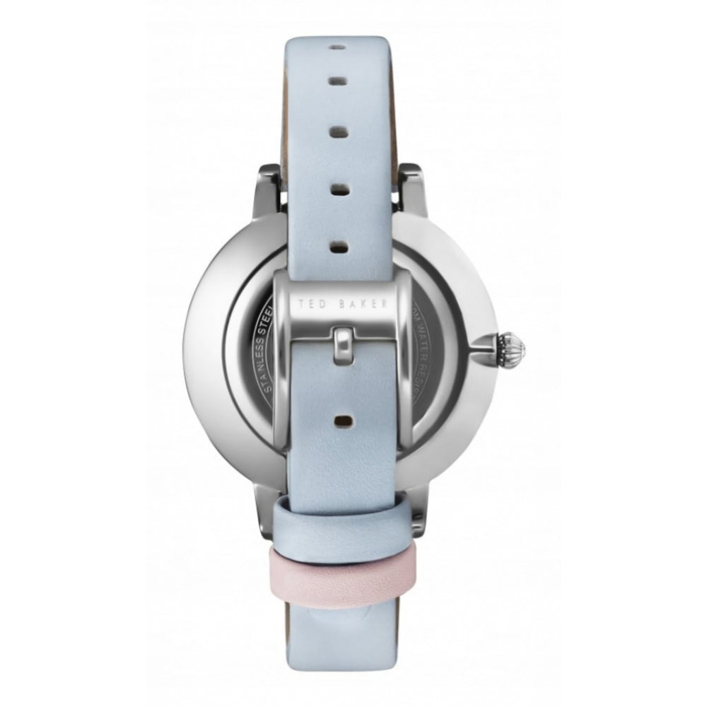 Stainless Steel Date Window Dial & Light Blue Leather Strap Ladies Wristwatch
