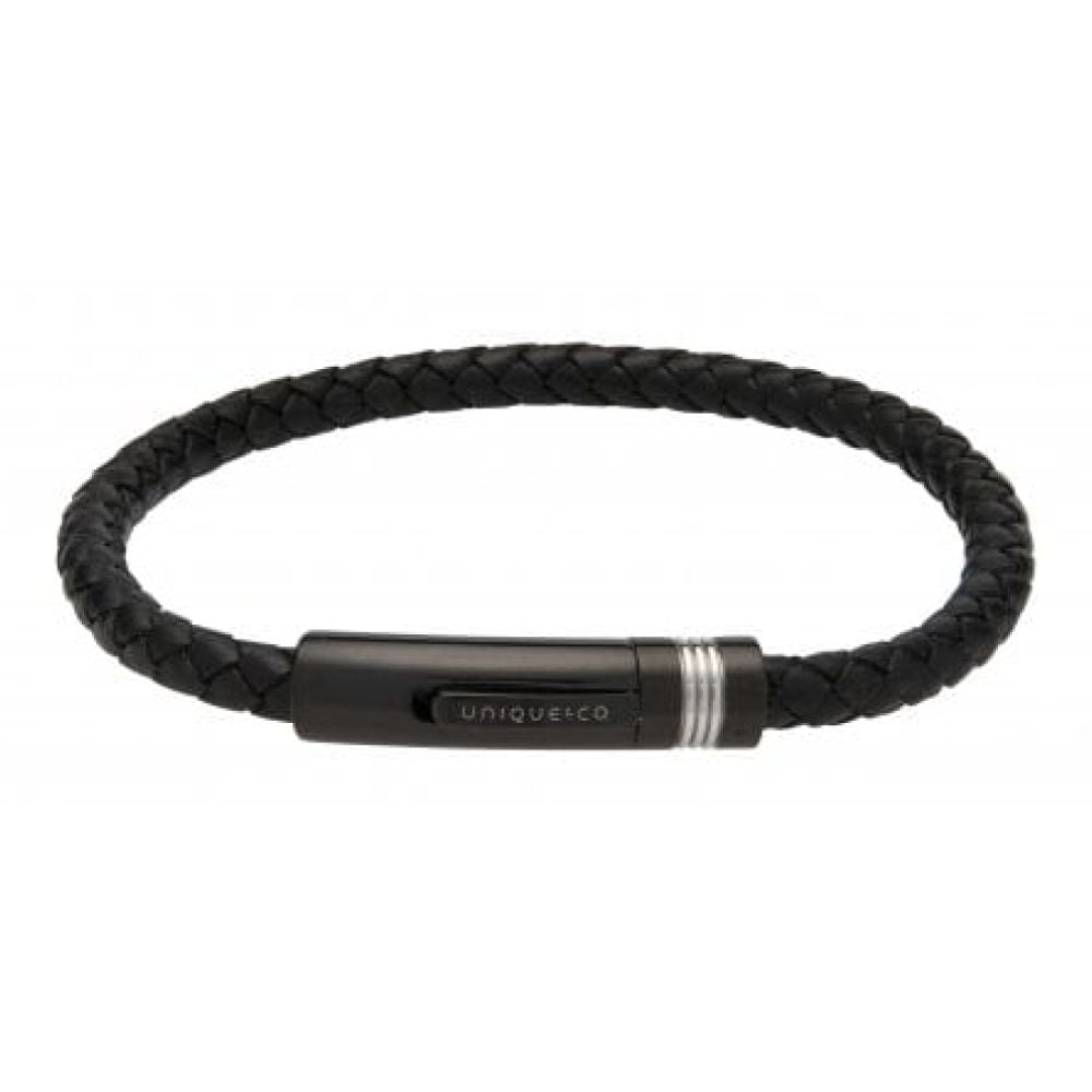 Black Leather Bracelet - Steel Clasp With Black Ip Plating
