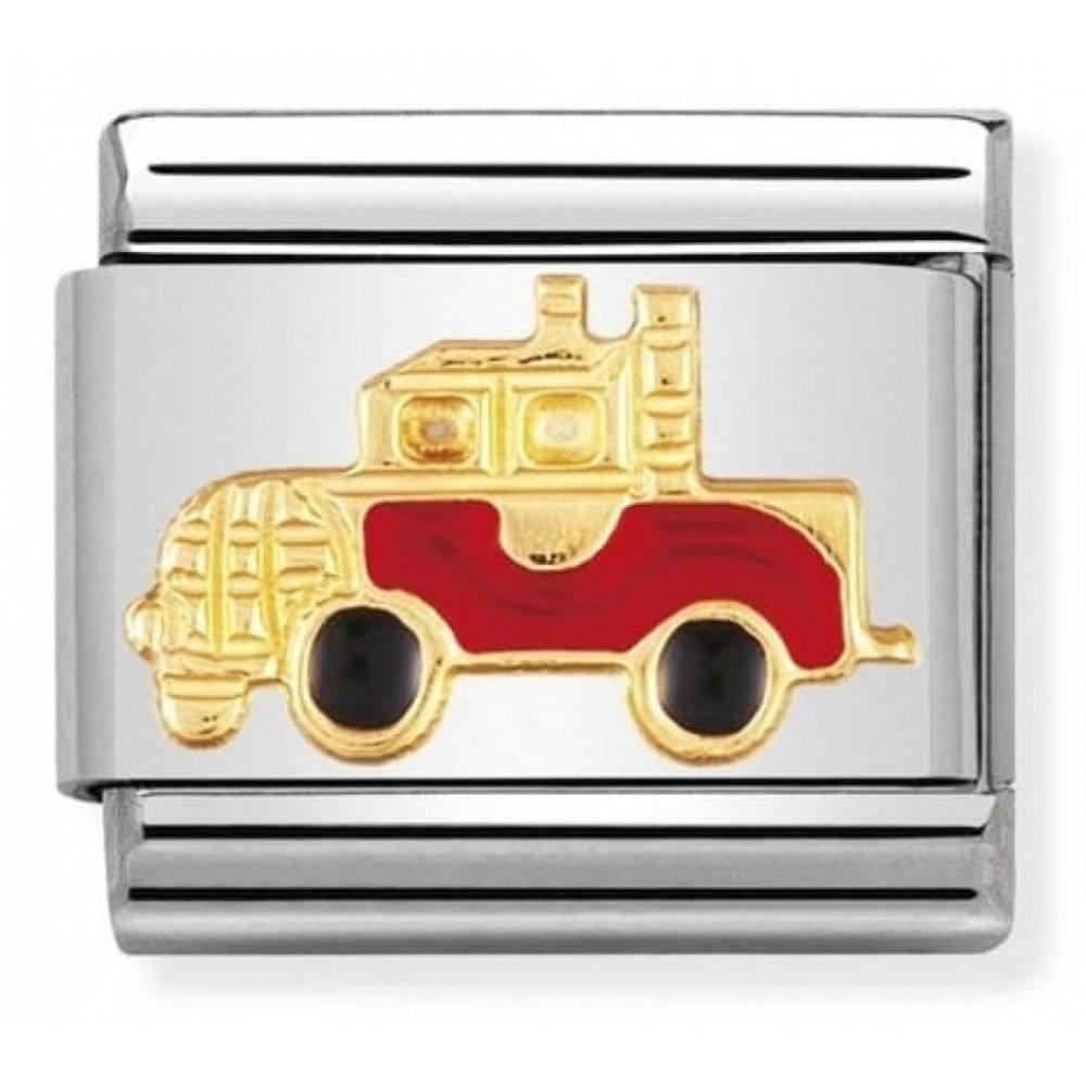 Classic Firefighter Truck In Stainless Steel With Enamel & 18k Gold Charm