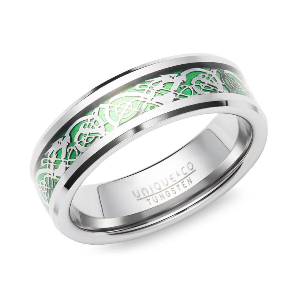 Tungsten Carbide Ring with Green Carbon Fibre & Patterned Centre 7mm