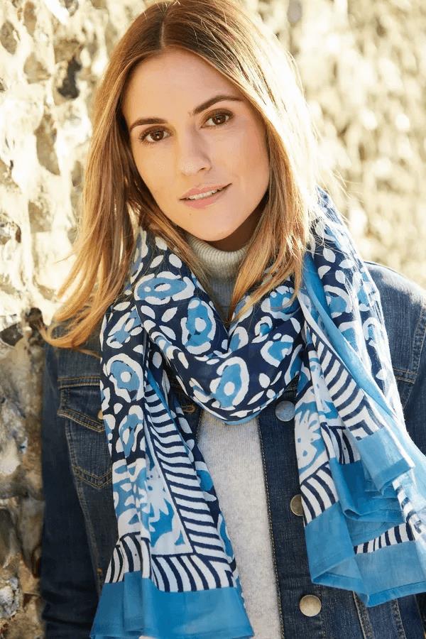 Hand Printed Cotton Sarong Flower Blue