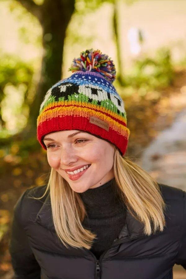 Black Sheep Roll Back Bobble Beanie Rainbow