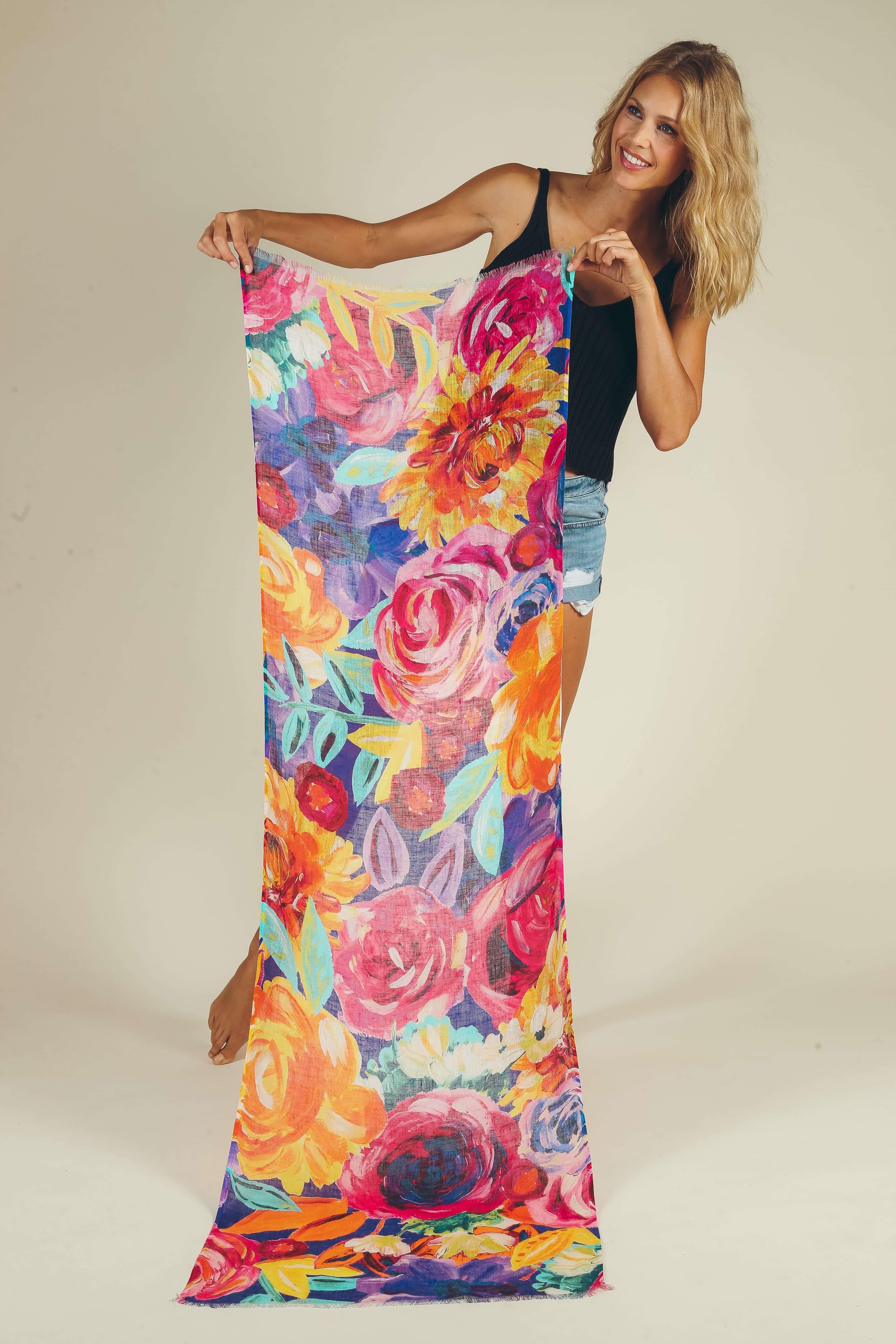 Floral Frenzy Linen Scarf in Sunset