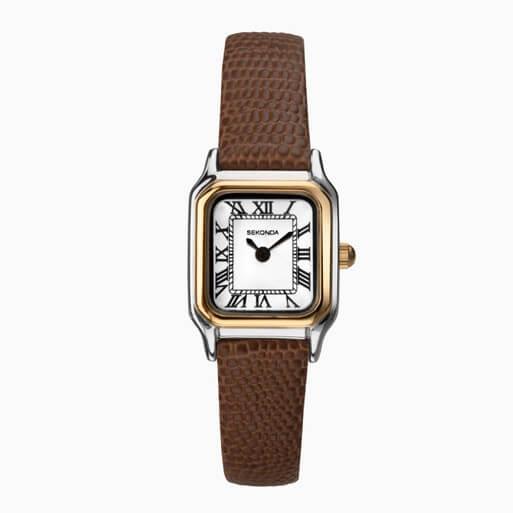 Two Tone Case With White Dial & Leather Strap Ladies Classic Watch