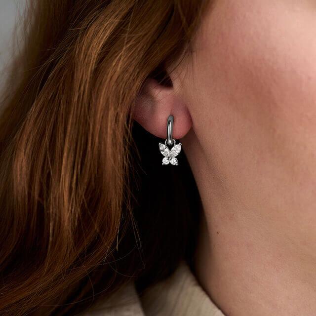 Sparkle Butterfly Marquise Butterfly Huggie Hoops Silver Earrings