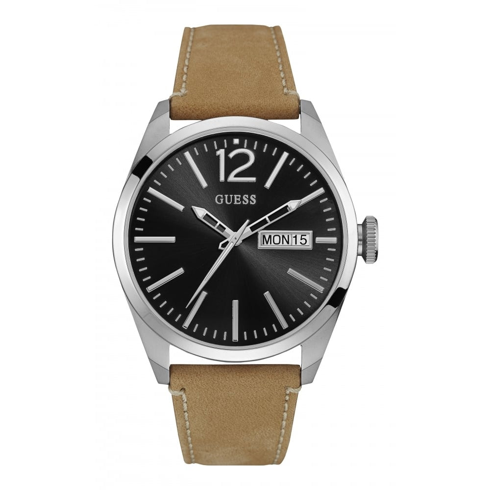 Gents Silver Circle Stainless Steel Dial Light Brown Strap Day/Date Watch