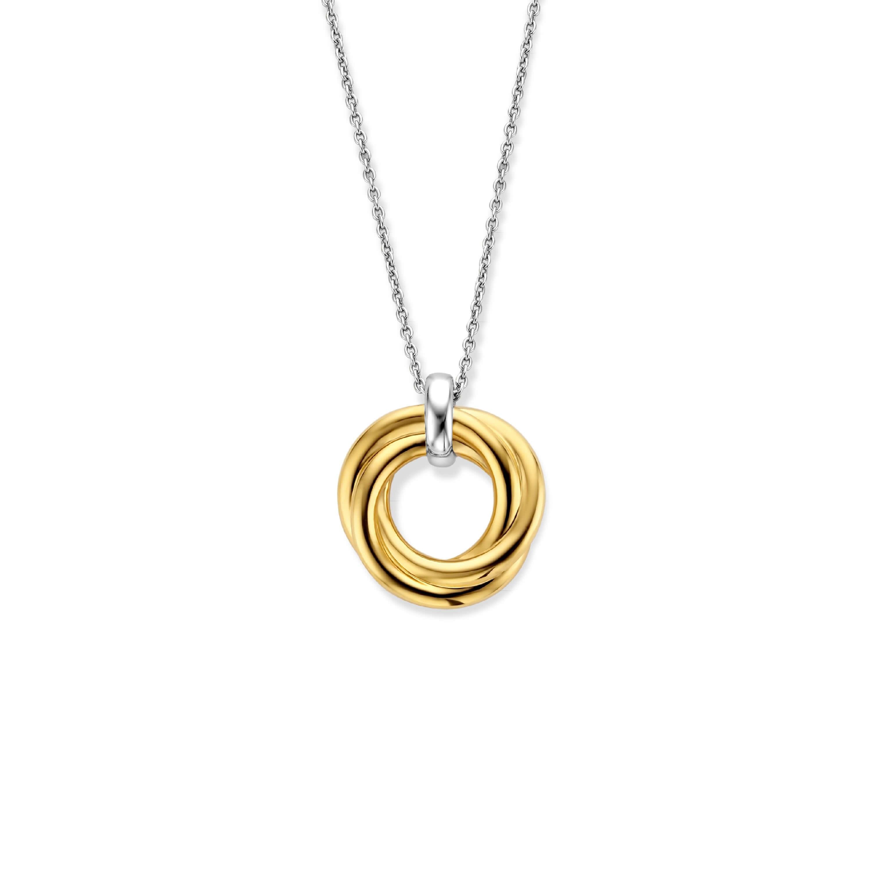 Gold Plated Twisted Lines Circle With CZ Pendant & Silver Chain Necklace