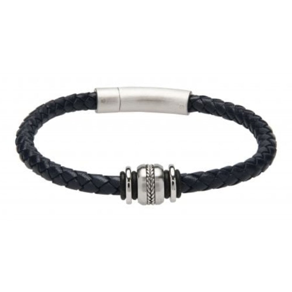 Navy Leather Bracelet-Matte Steel Clasp-Steel Elements