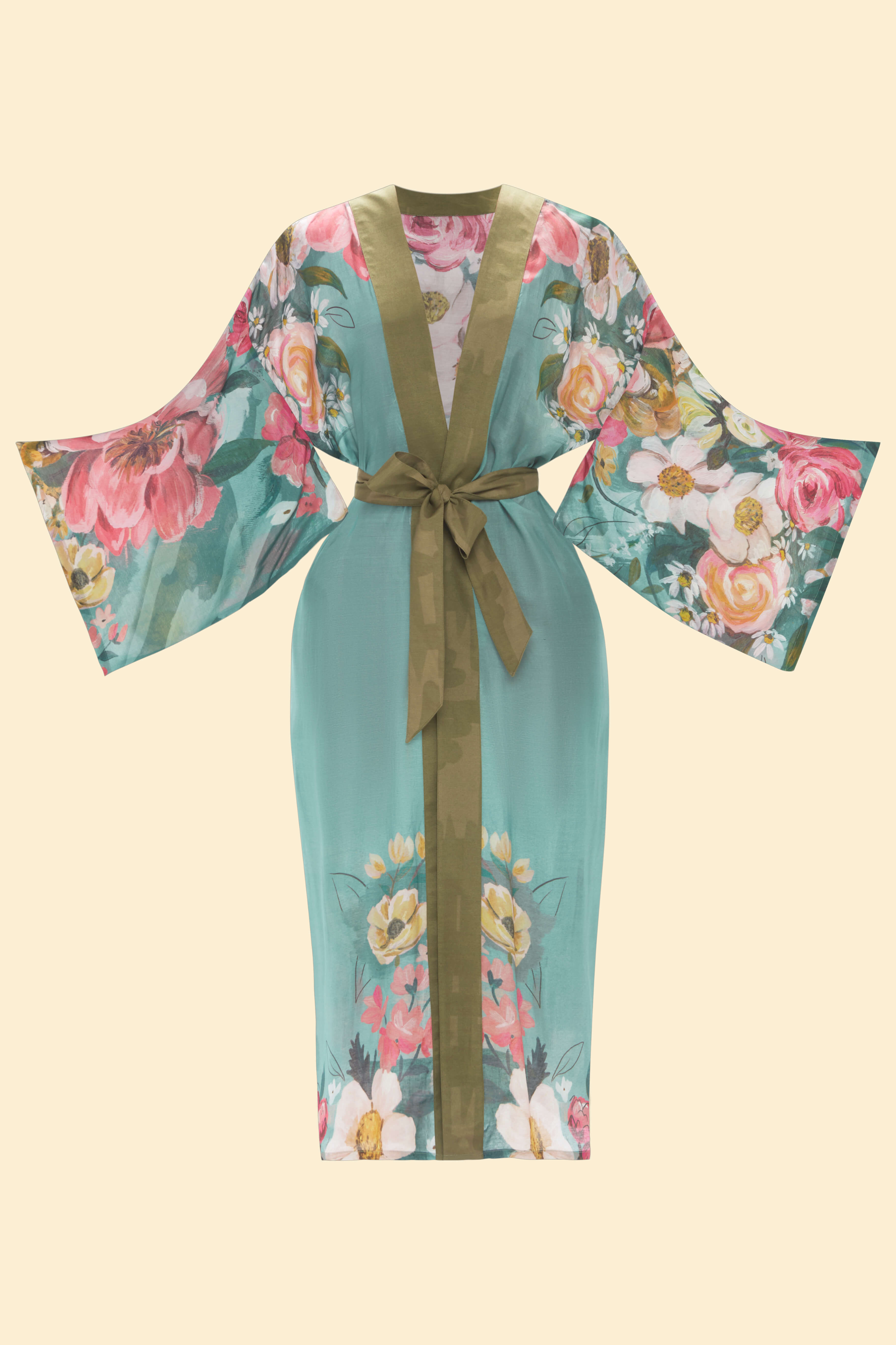 Impressionist Floral Kimono Gown - Teal