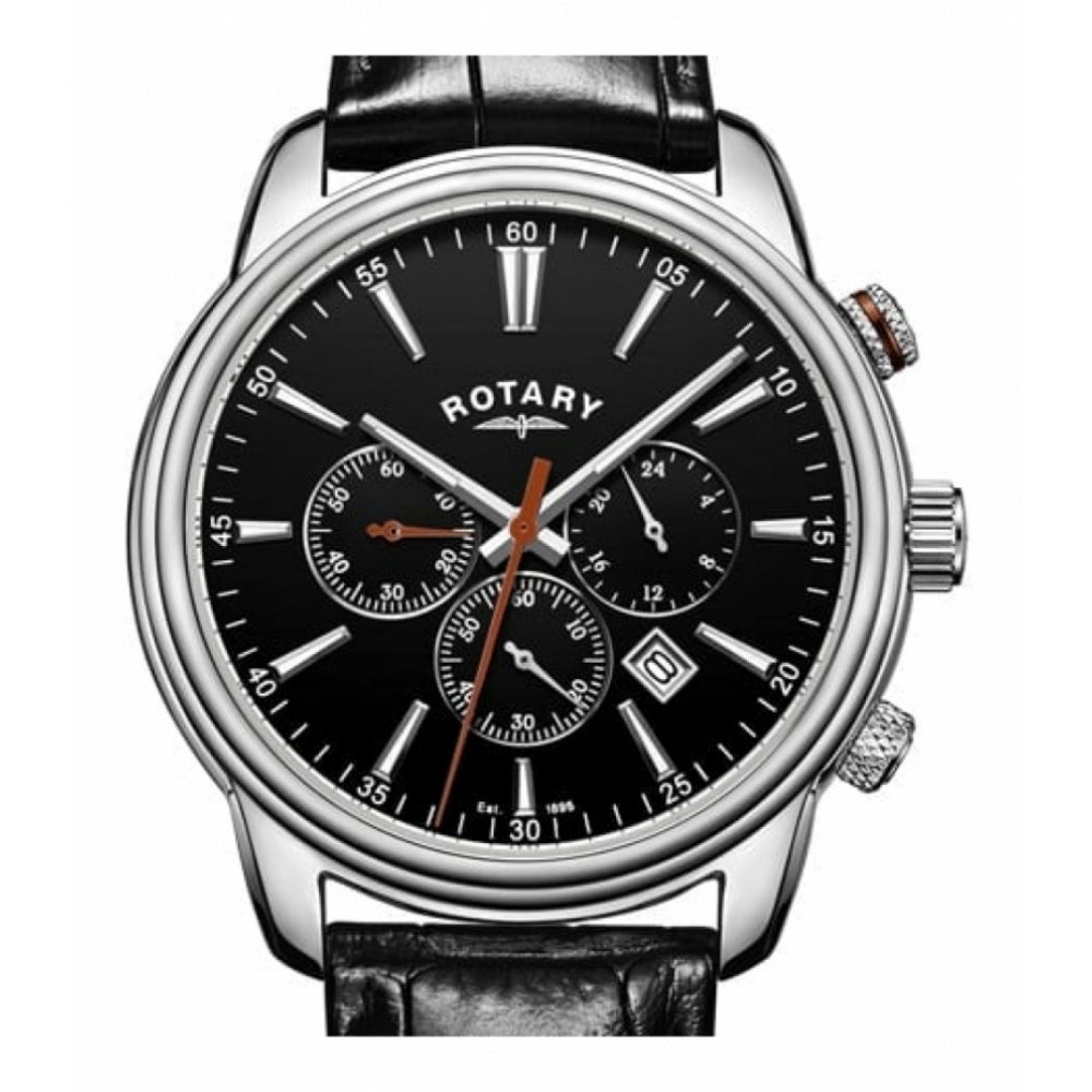 Stainless Steel Black Dial & Leather Strap Gents Chronograph Watch