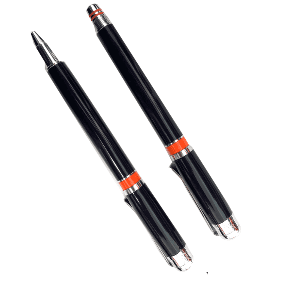 Classic Set Of Roller Ball & Ball Point Pen In Blue Laqured Finished With Orange Band & Silver Highlights