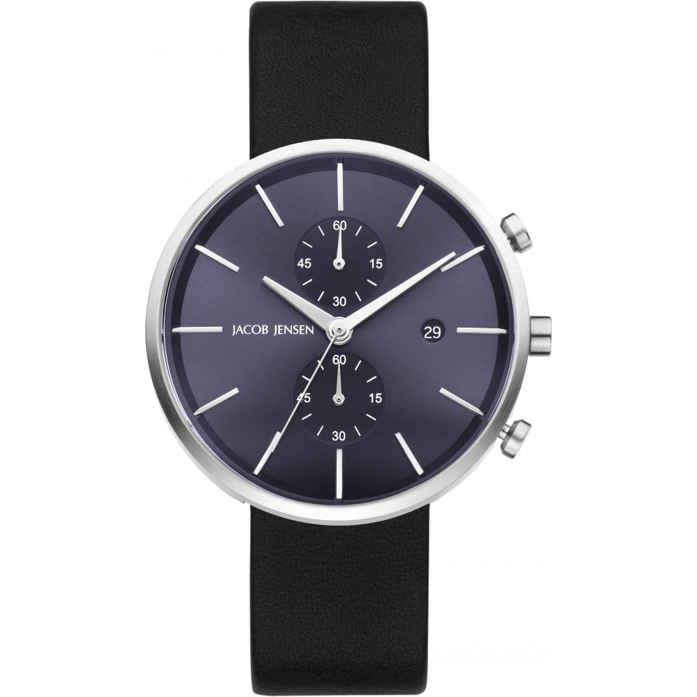 Stainless Steel Blue Dial & Black Leather Strap Chronograph Gents Watch