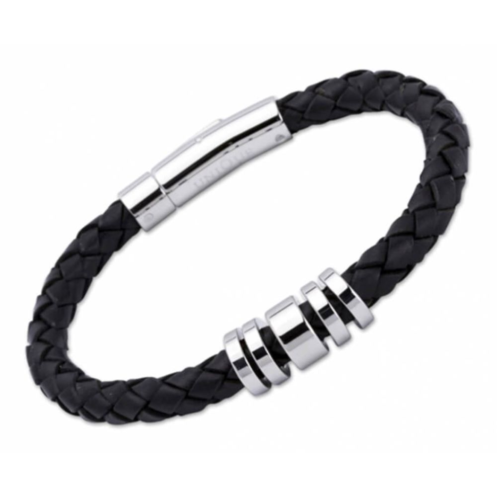 Black Leather Silver Steel Buckle and Ring Elements Bracelet