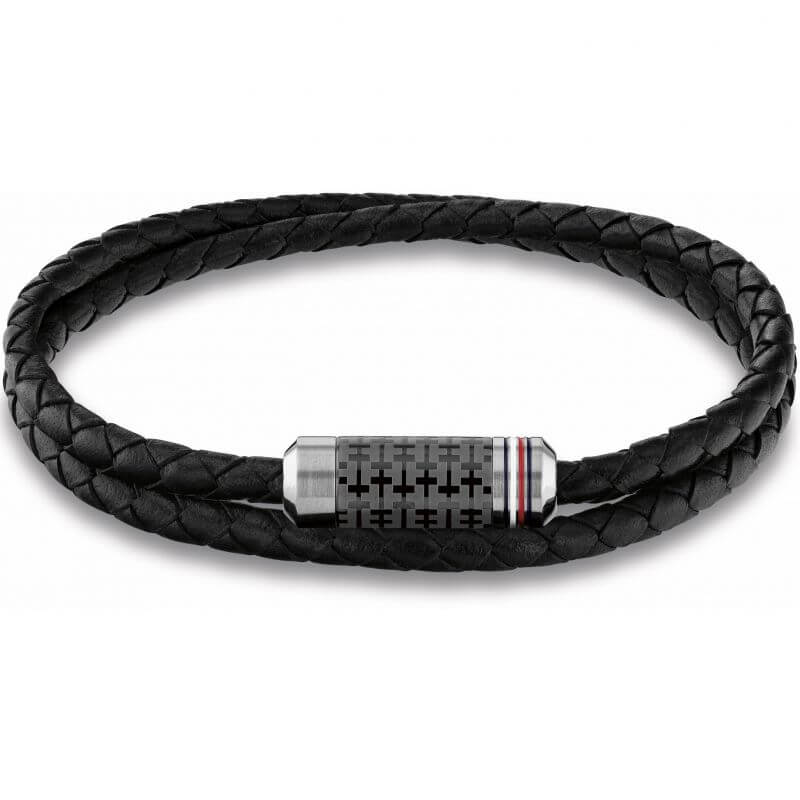 Tube Double Wrap Braided Black Leather Gents Bracelet