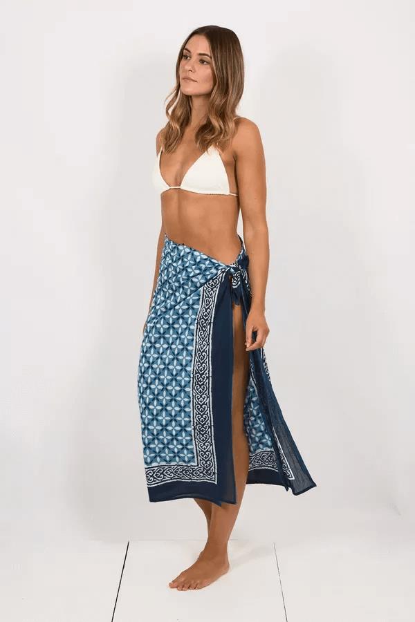 Hand Printed Cotton Sarong Tiles Blue