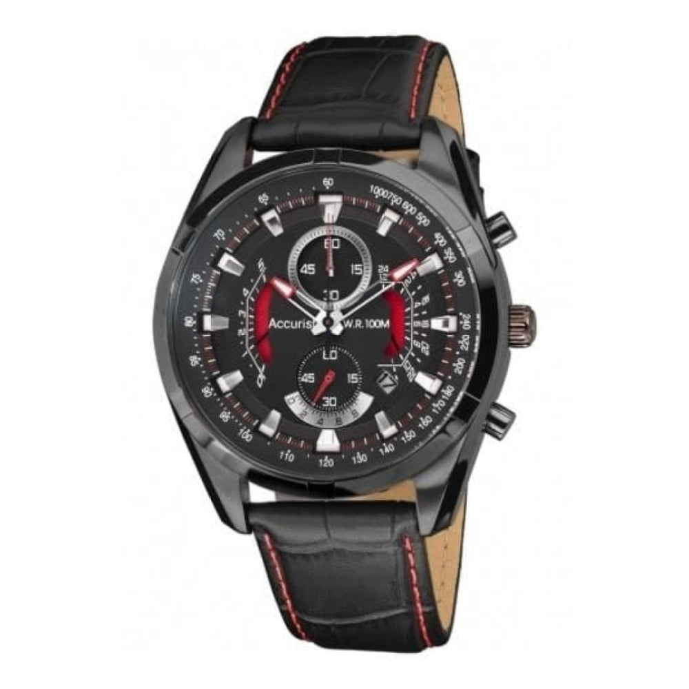 Black Leather Chronograph Textured Watch
