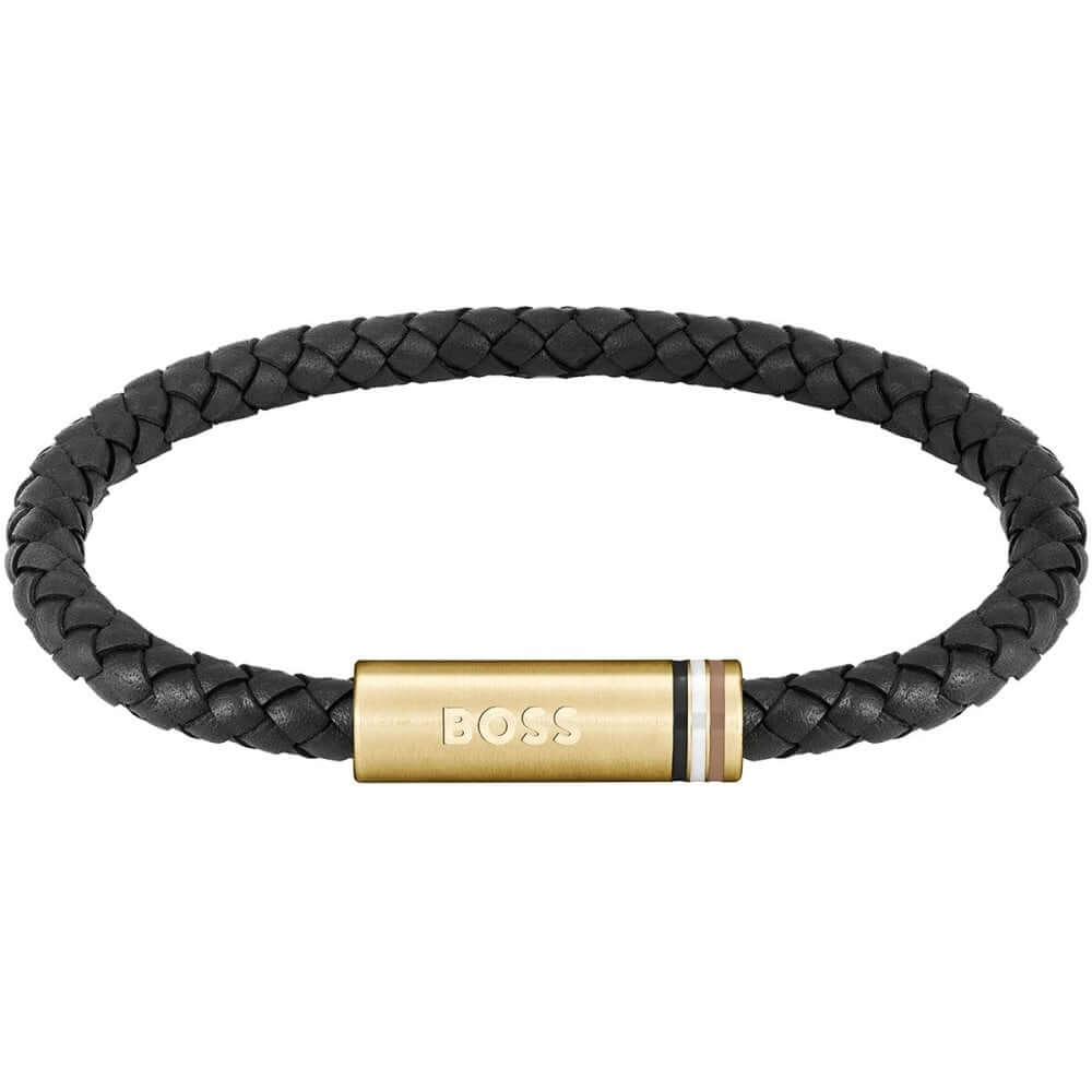 Ares Braided Black Leather Gold Tone Clasp Gents Bracelet