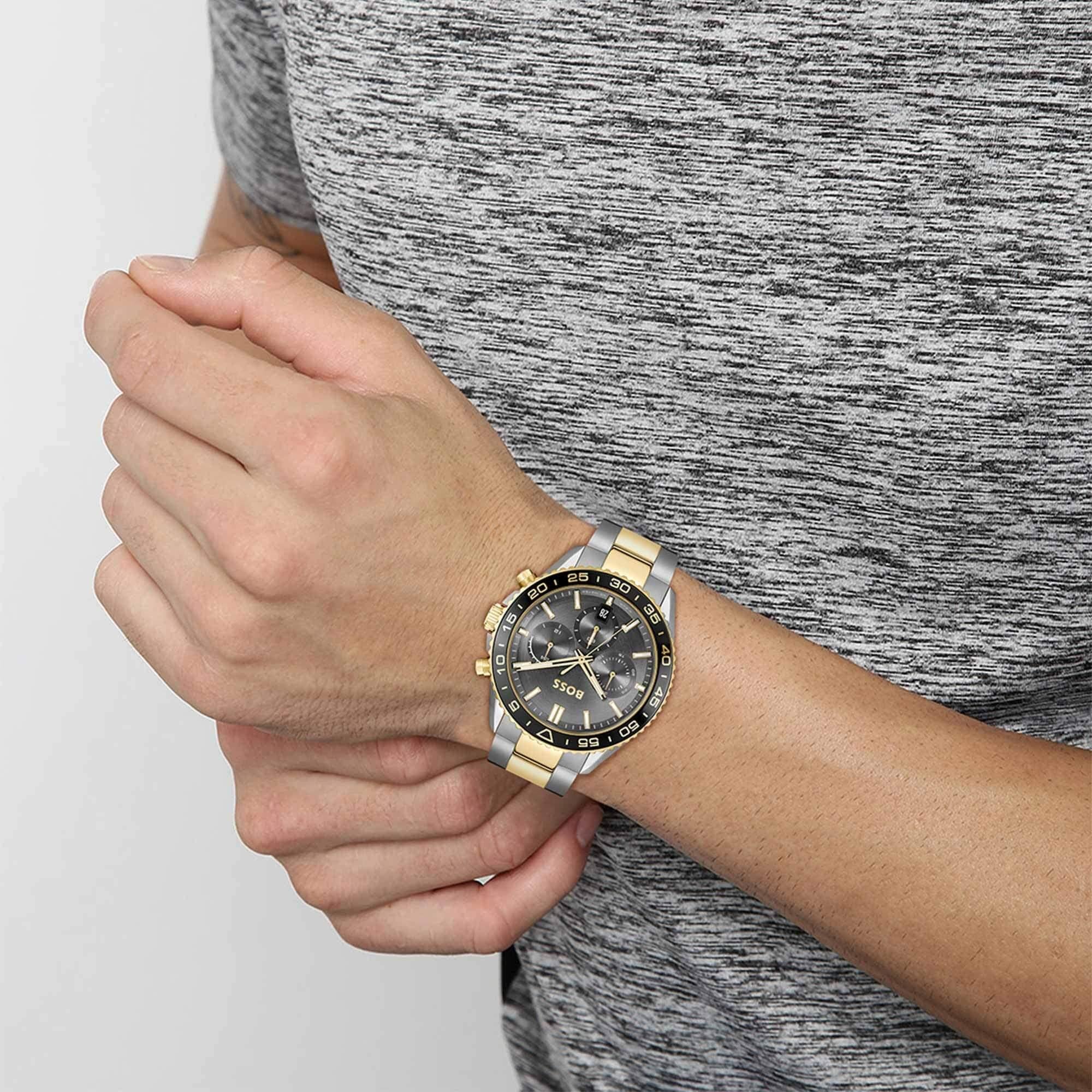 Runner Black Chronograph Dial With Two Tone Bracelet Strap Mens Watch