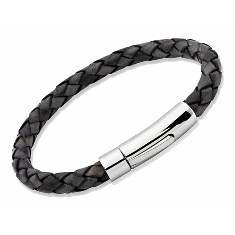 Antique Black Leather Bracelet with Stainless Steel Clasp