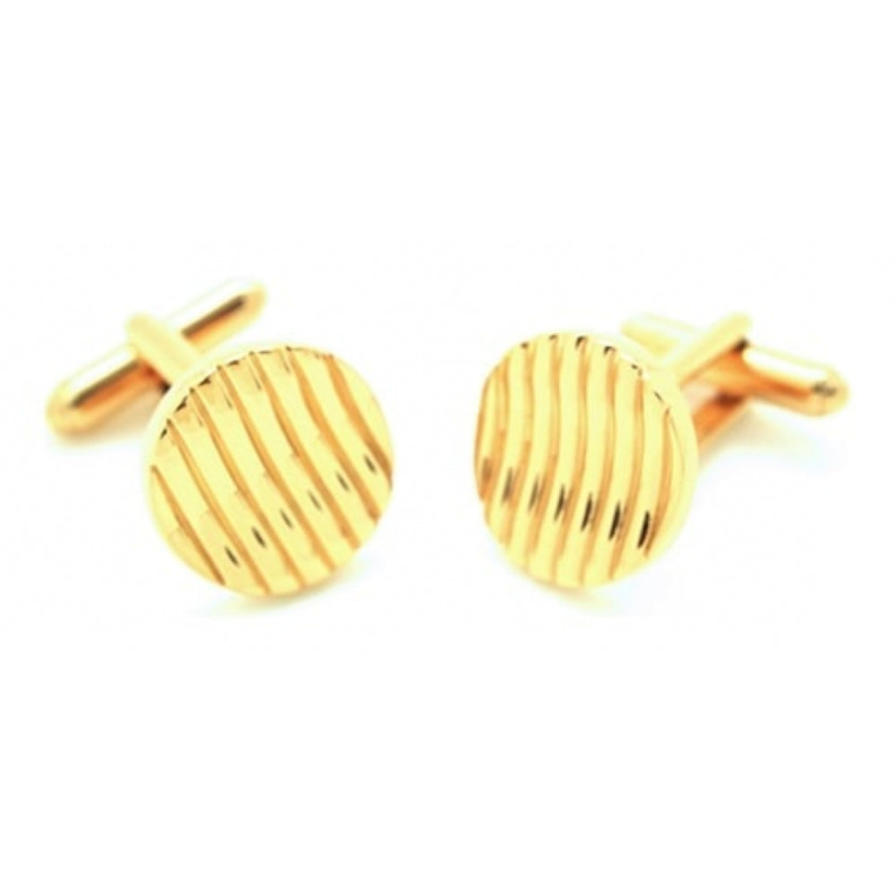 Gold Tone Round Cufflink With Wavy Lines
