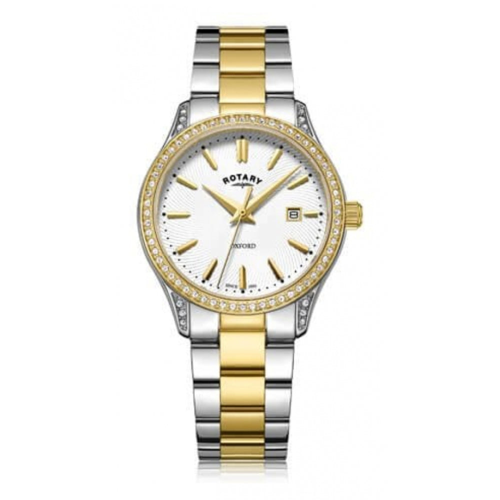 Gold Tone Case With Stones Around & Two Tone Bracelet Strap Ladies Oxford Watch