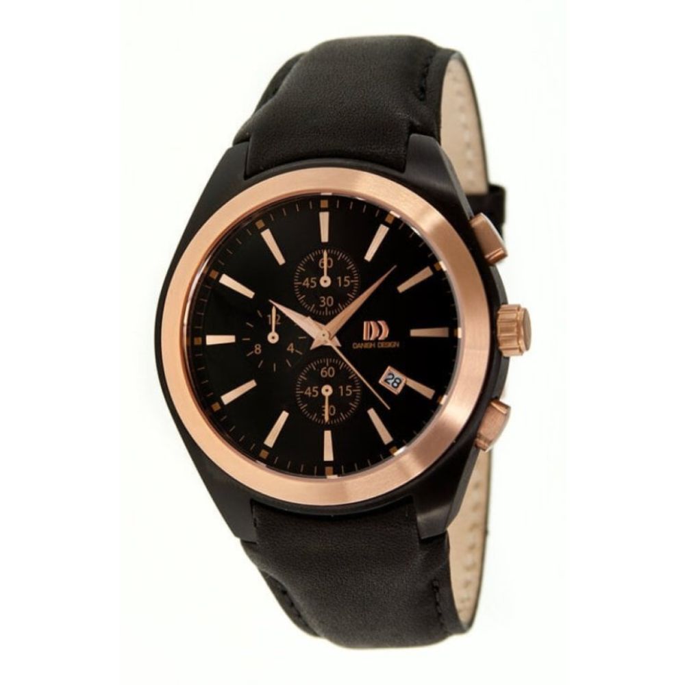 Chronograph Stainless Steel Rose Gold And Black Leather Adjustable Strap Watch